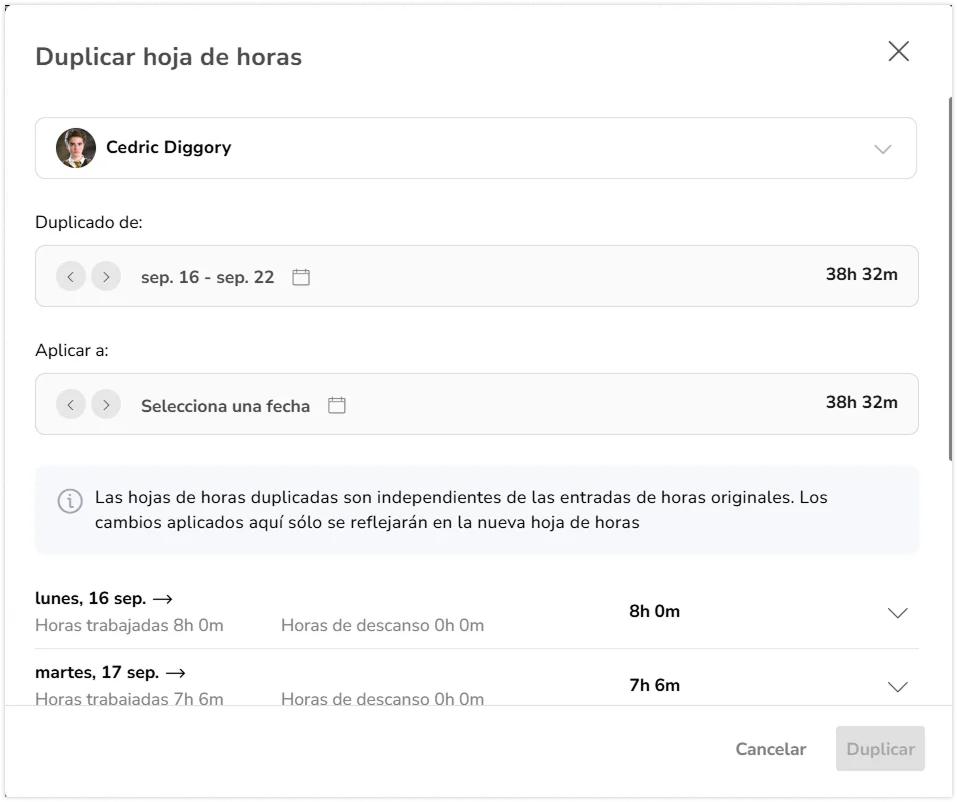 Pop-up window to duplicate timesheets