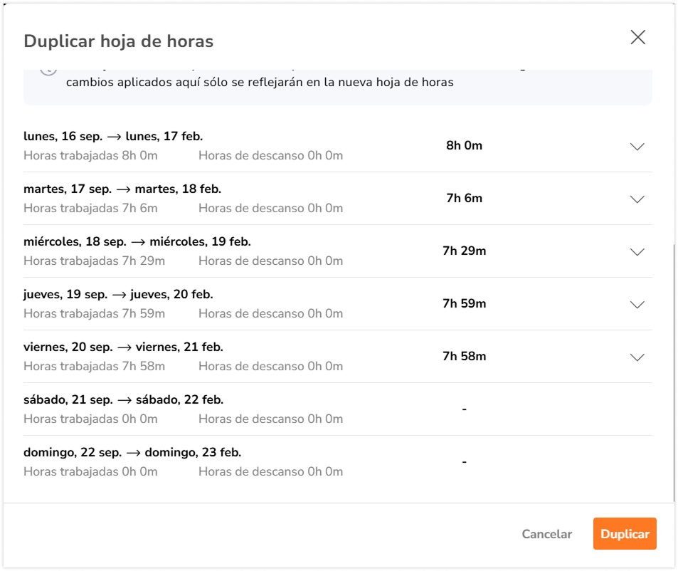 Time entries on duplicating timesheets pop-up window