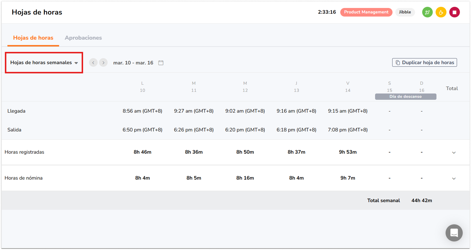 Weekly view on Timesheet page for member