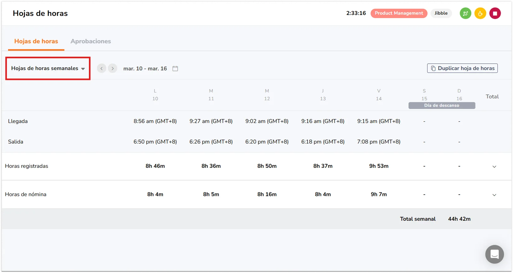 Weekly view on Timesheet page for member