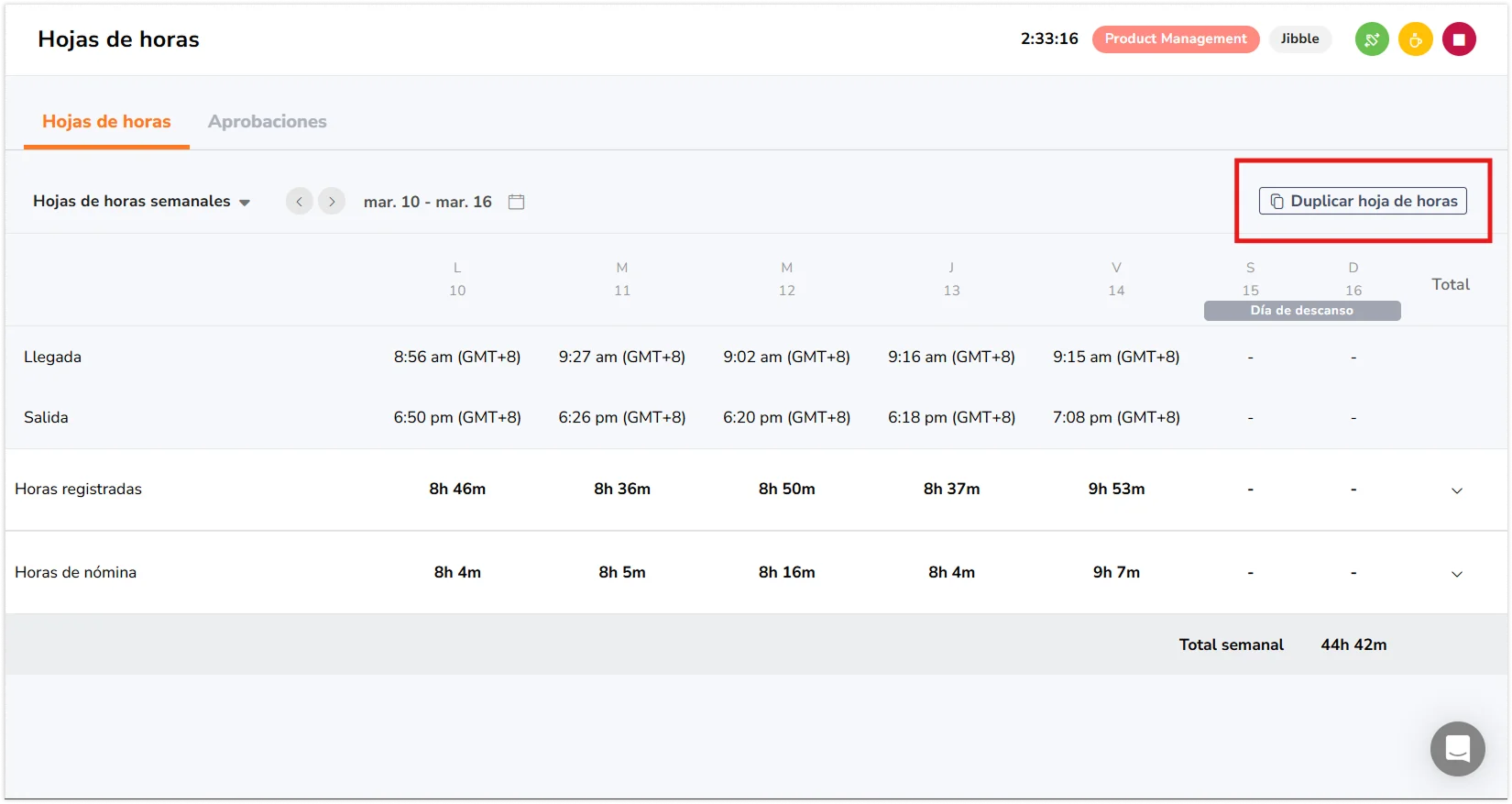 Duplicate timesheet button on Timesheet page for member