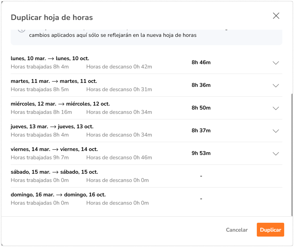 Time entries on duplicating timesheets pop-up window