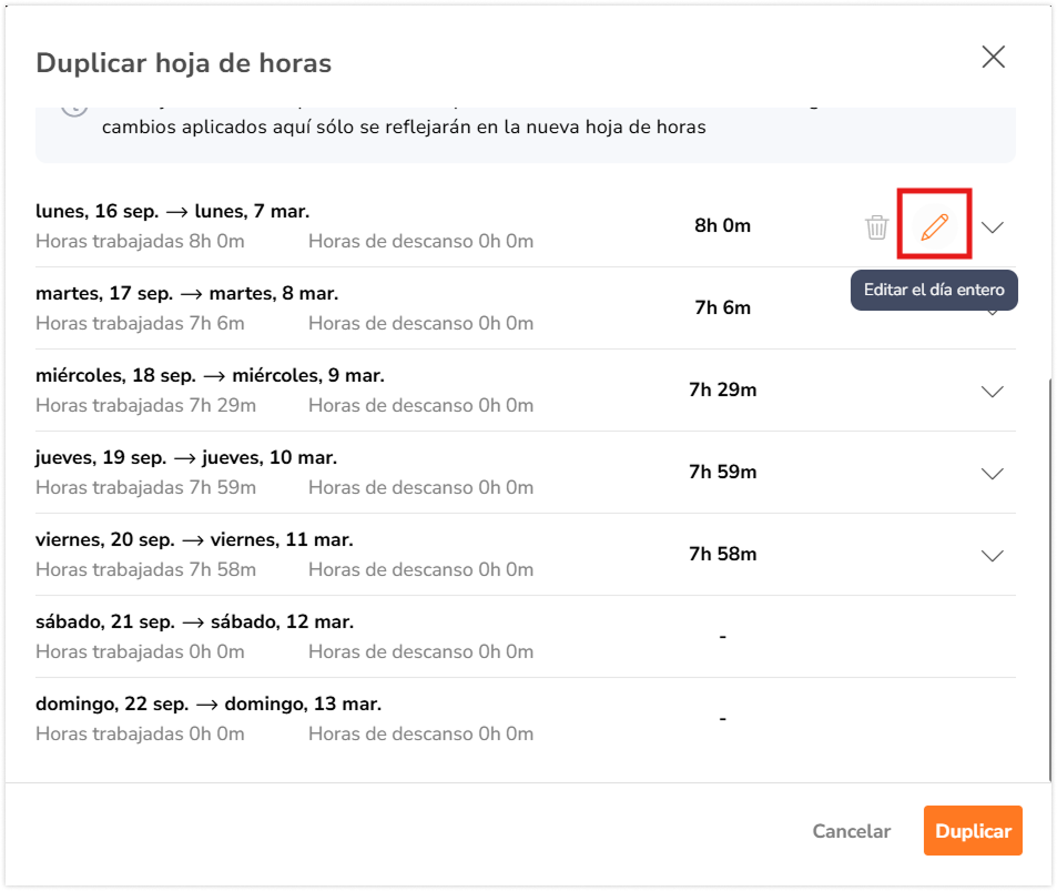 Pencil icon to edit entire day entry