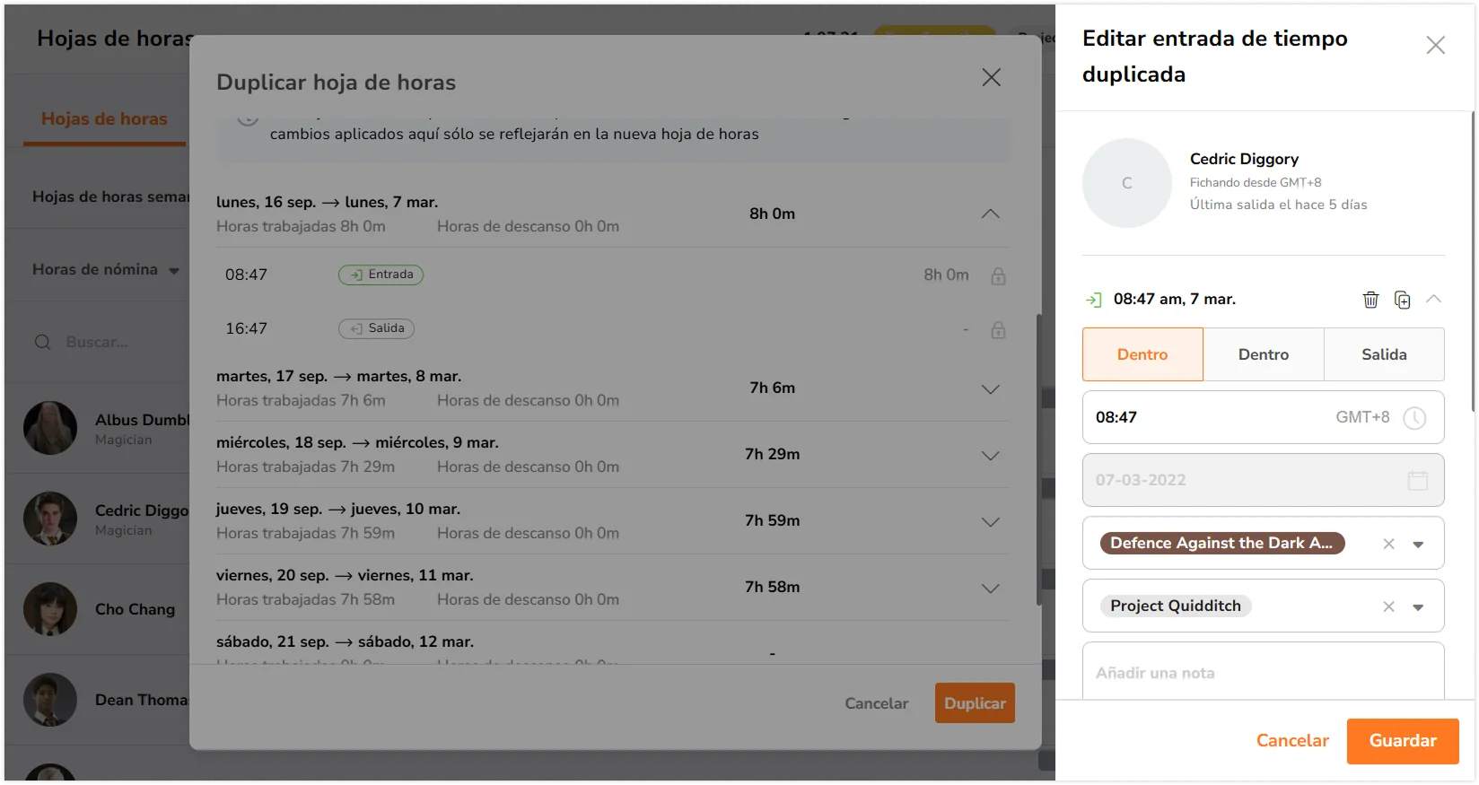 Sidebar for editing entire day entry