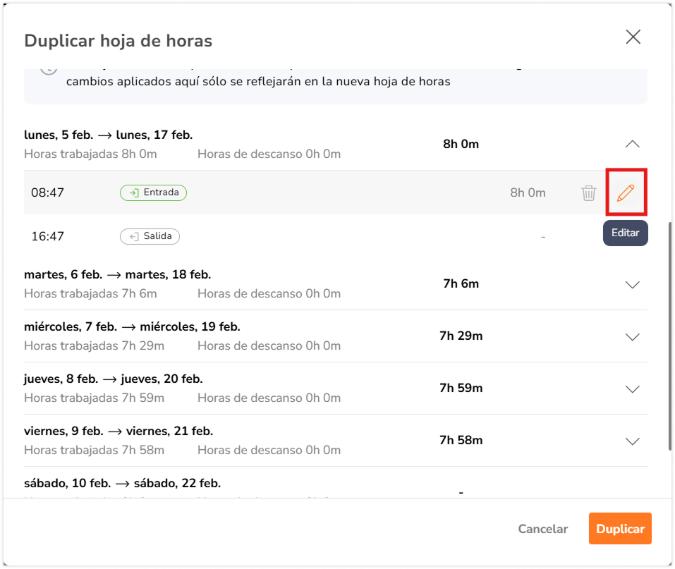 Pencil icon to edit individual time entry