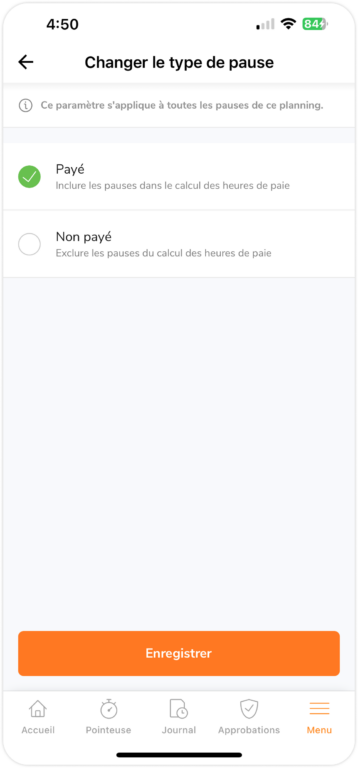Pauses payées et non payées sur mobile
