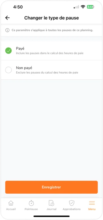 Pauses payées et non payées sur mobile