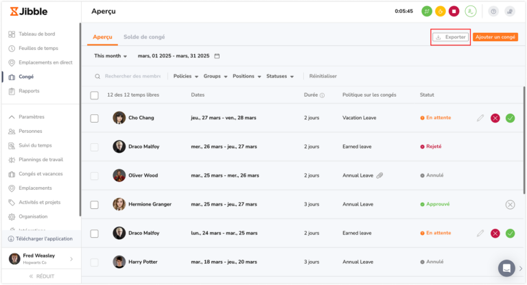 Time off overview export