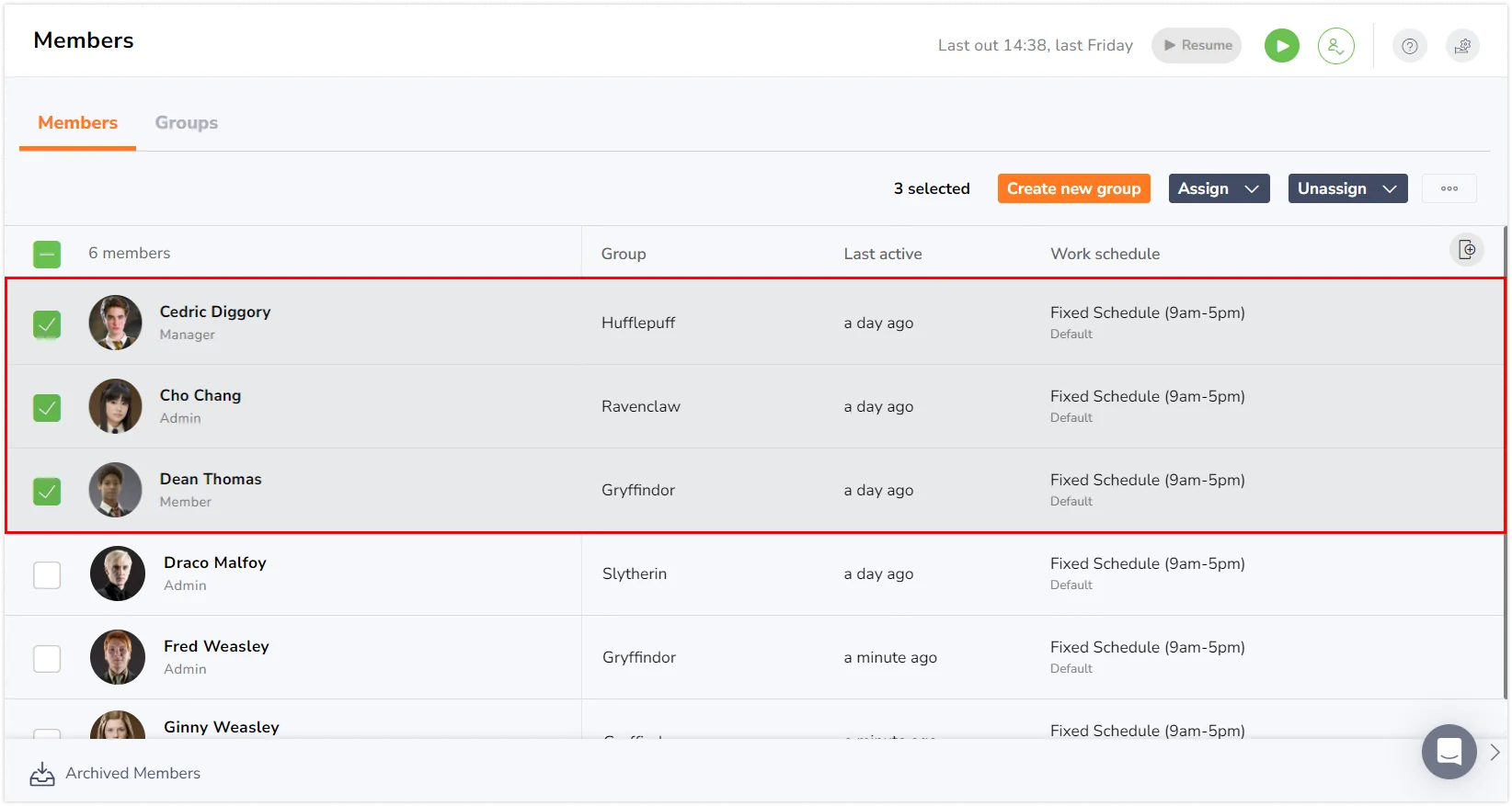 Selecting members under People page