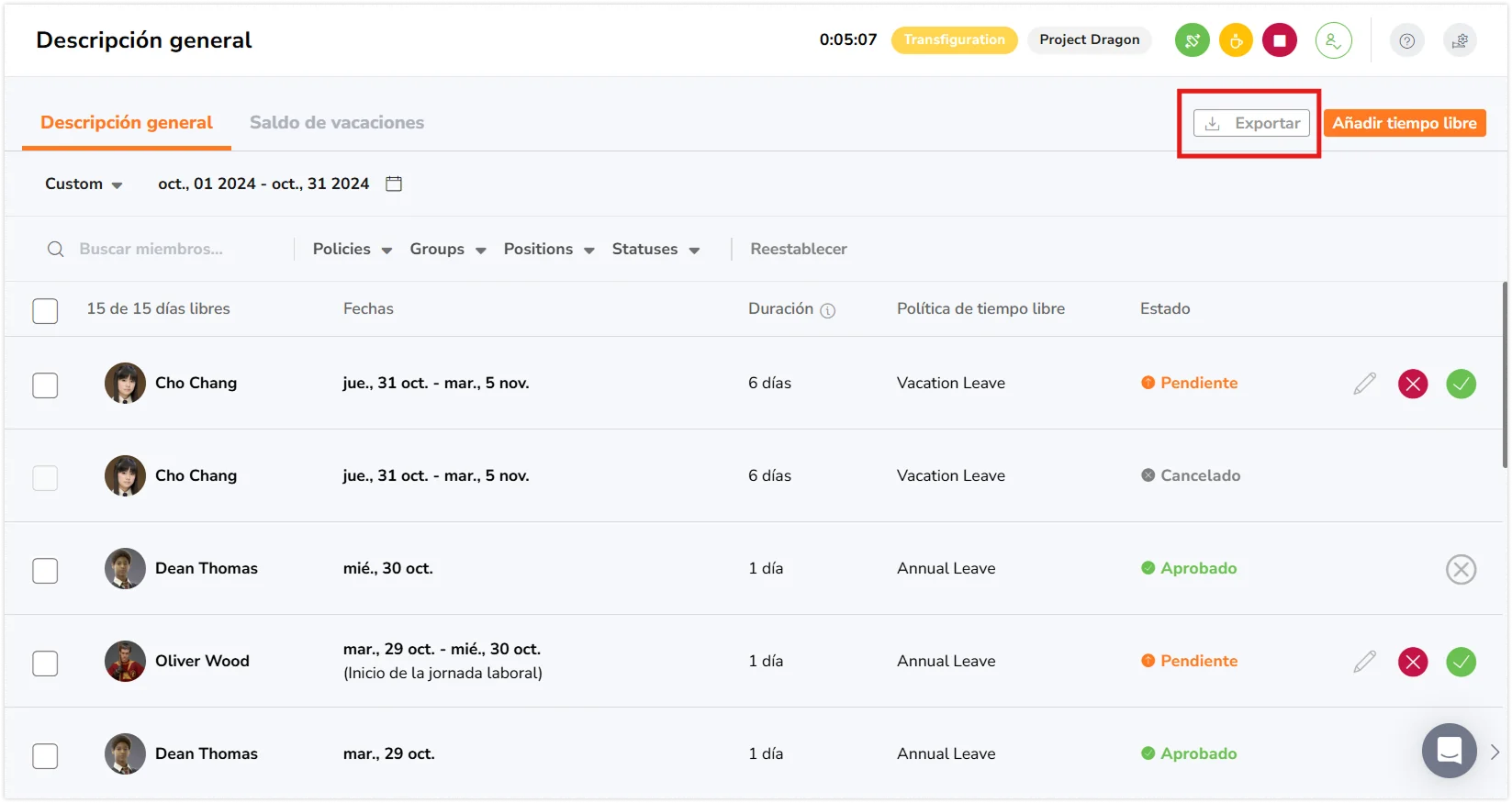 Export button on time off page