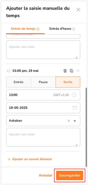 Ajout groupé d'une entrée de temps