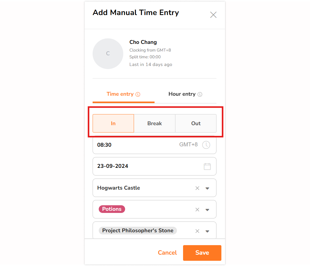 Types of time entry on the add time entry side bar
