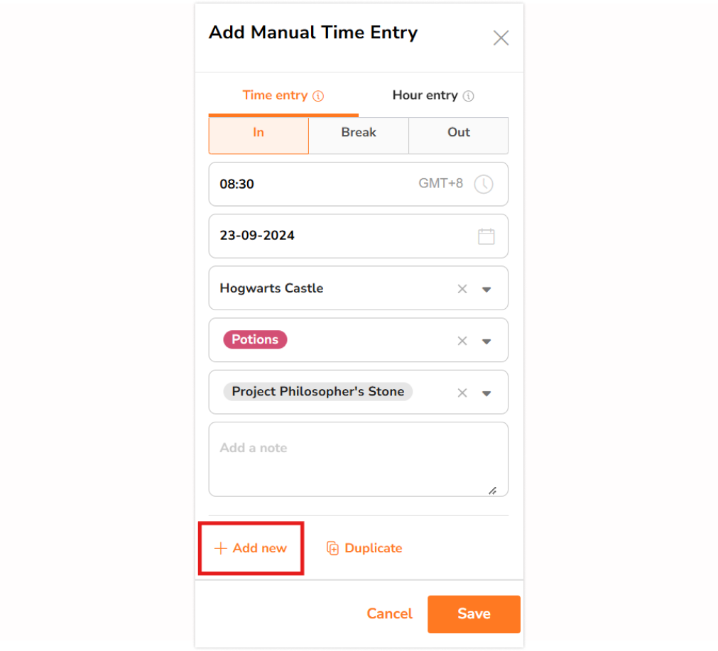 "Add new" button on the time entry side bar