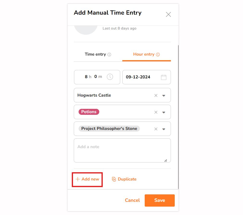 Add new button under hour entry side bar