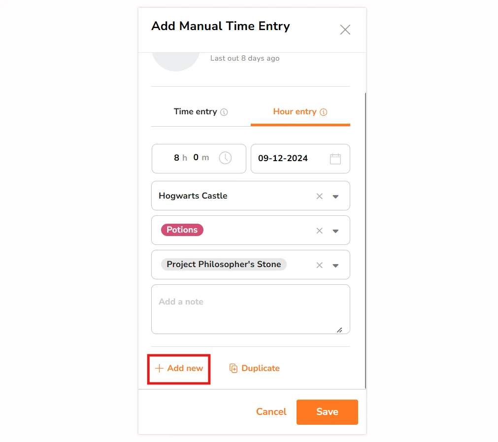 Botão de adicionar nova na barra lateral de registro de tempo