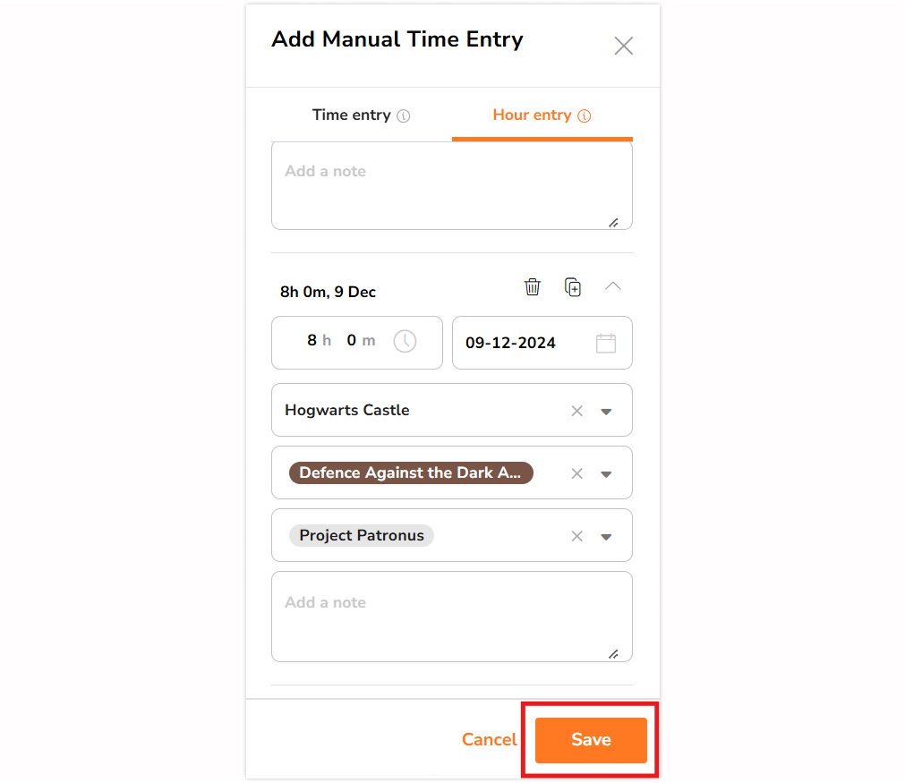 Save button under hour entry side bar