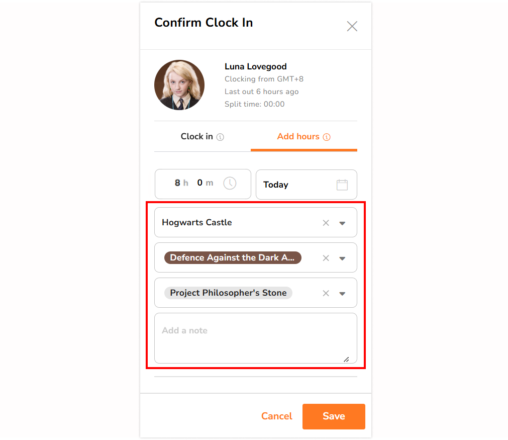 Location, activity, project and note fields under the clock in side bar
