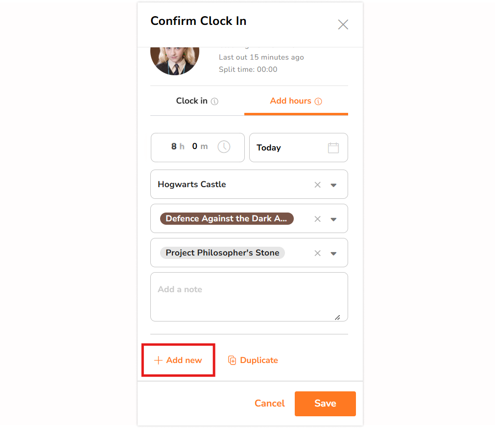 Add new button under clock in side bar