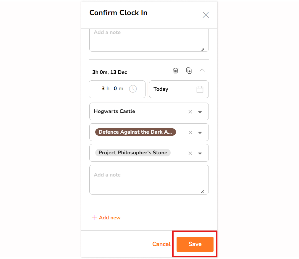 Save button under clock in side bar