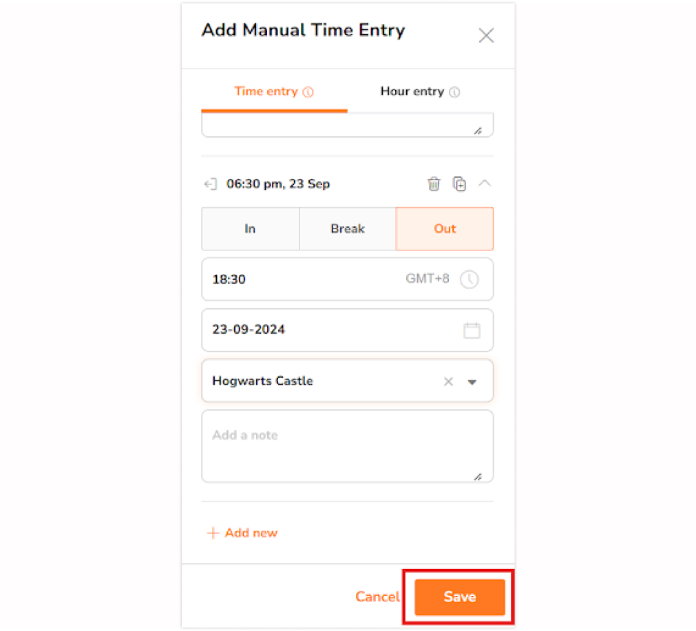 Save button on adding time entry side bar