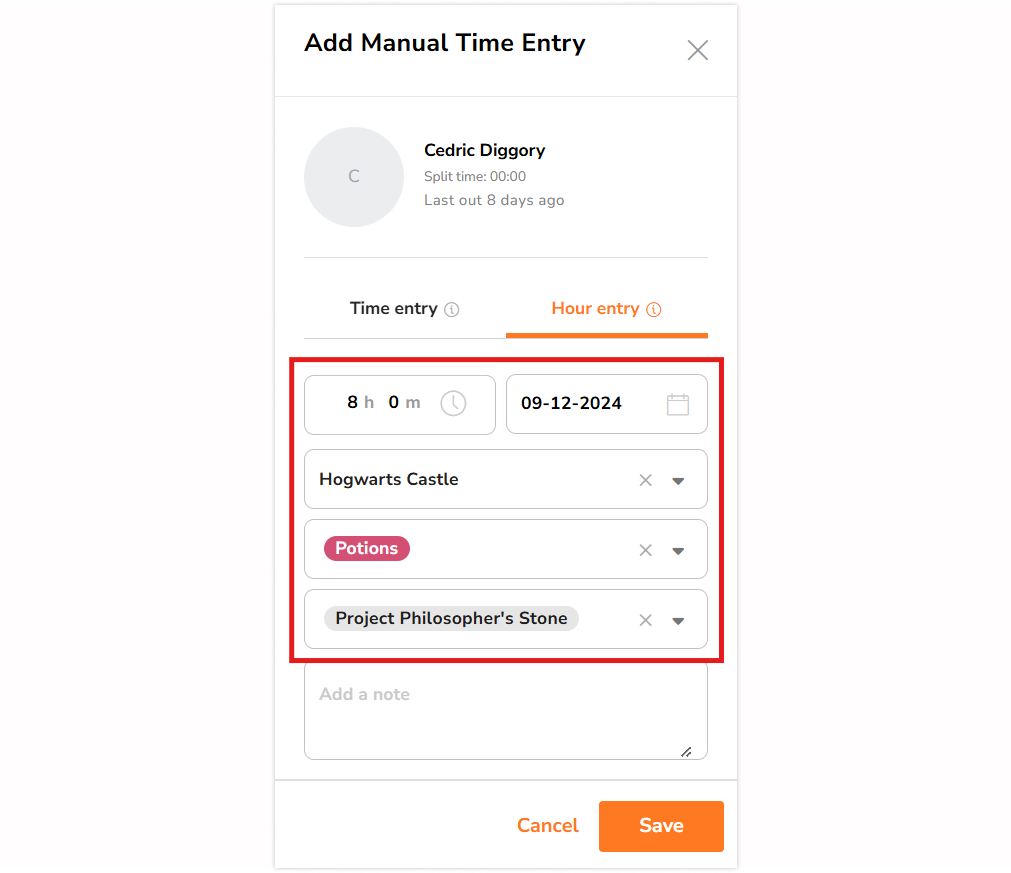 Duration, location, activity and project field under hour entry side bar