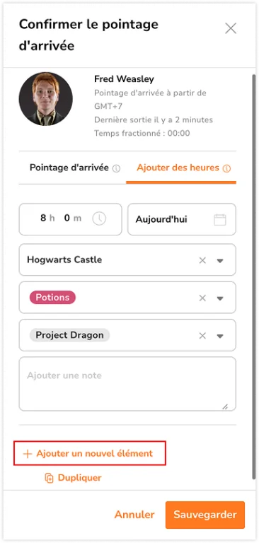 Ajout d'une nouvelle entrée d'heure