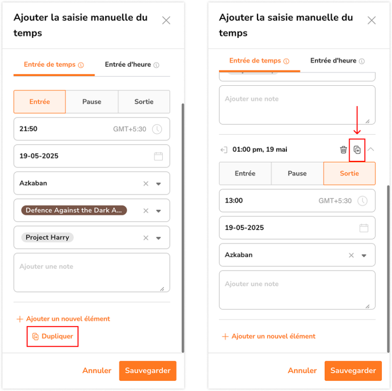Duplication des saisies de temps