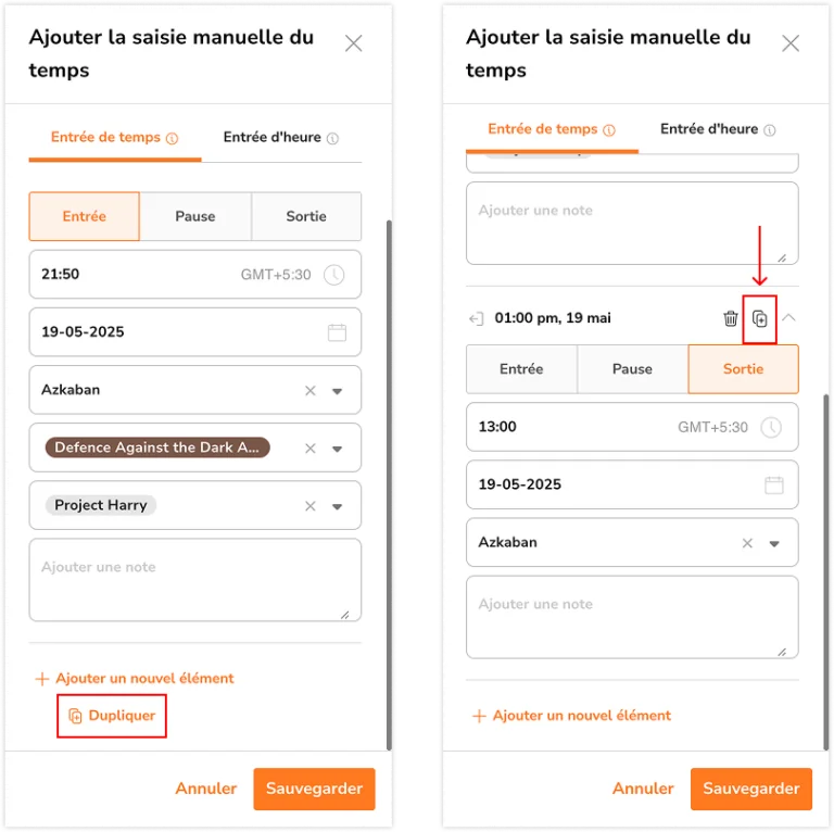 Duplication des saisies de temps