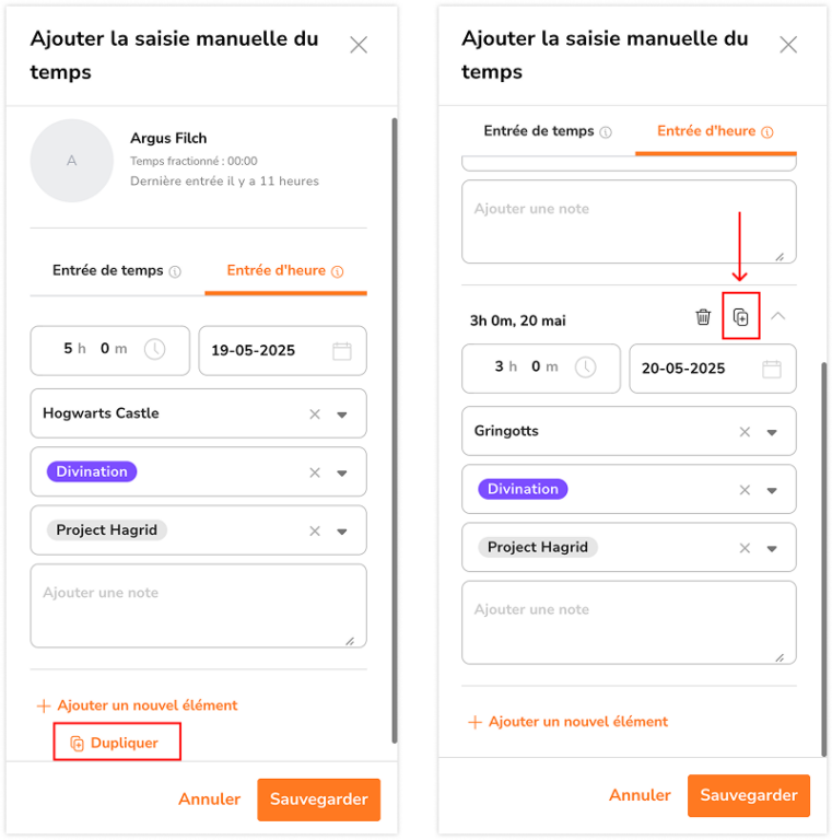 Duplication de la saisie manuelle du temps