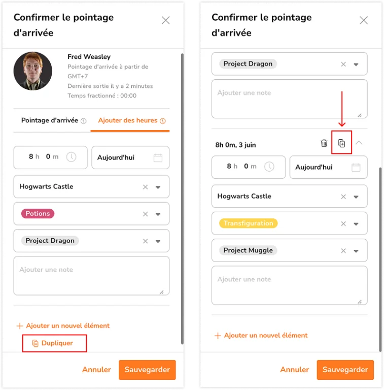 Duplication des entrées d'heures