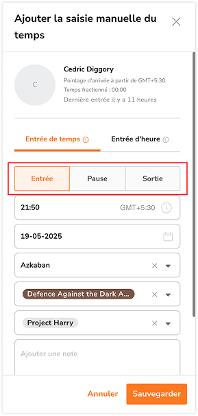 Type de saisie des temps