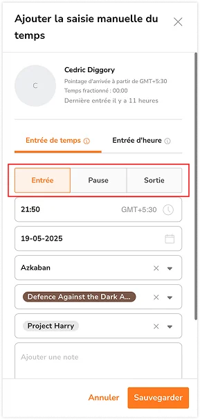 Type de saisie des temps