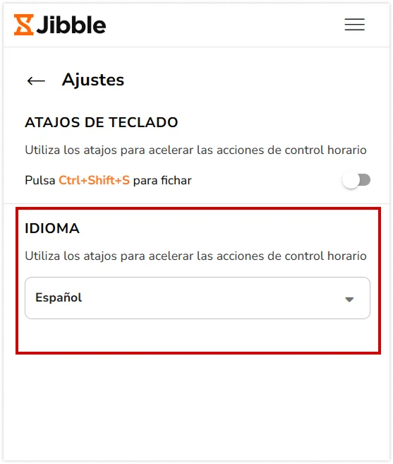 Language section under settings