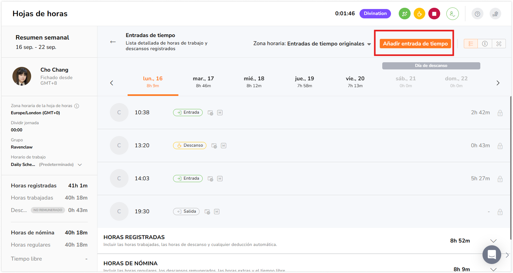 Add time entry button upon viewing the daily timesheet for the day