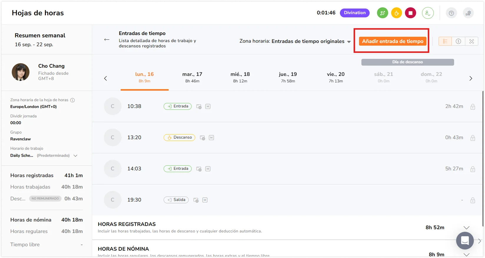 Add time entry button upon viewing the daily timesheet for the day
