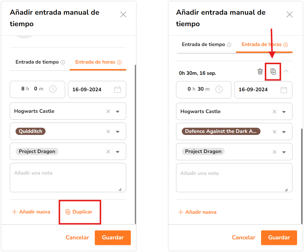 Duplicate button for hour entry