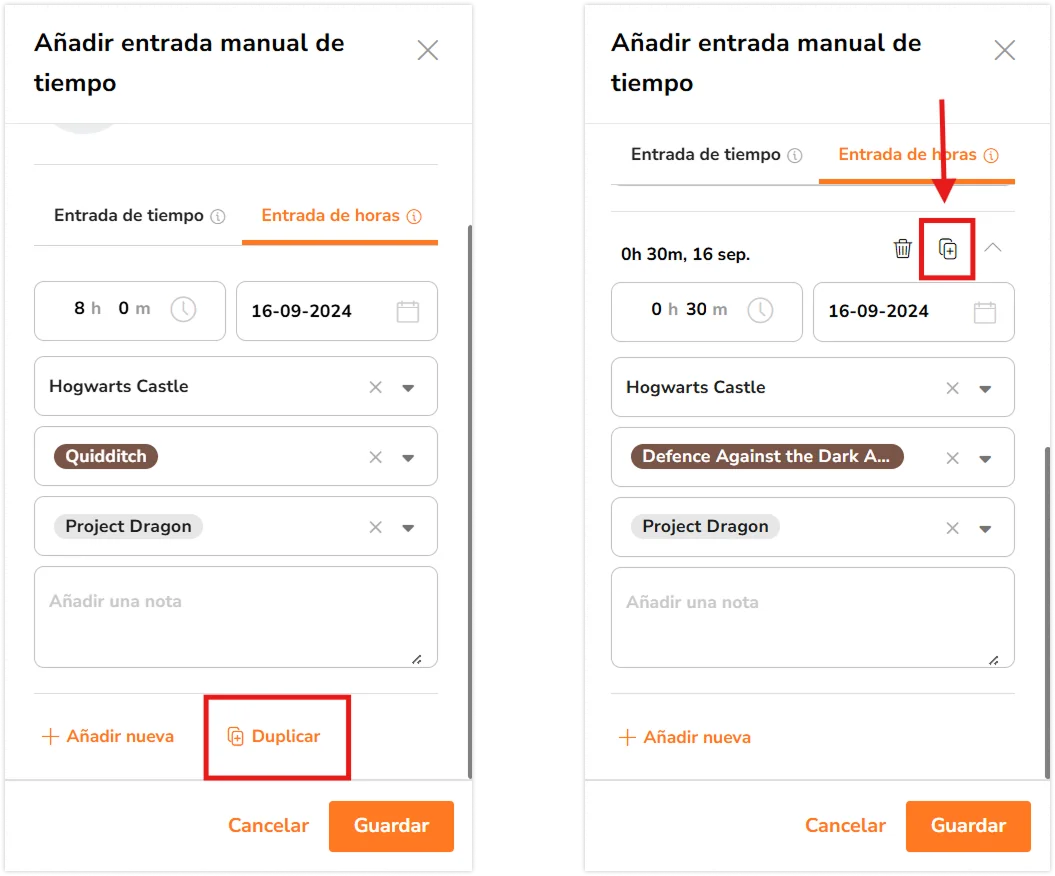 Duplicate button for hour entry