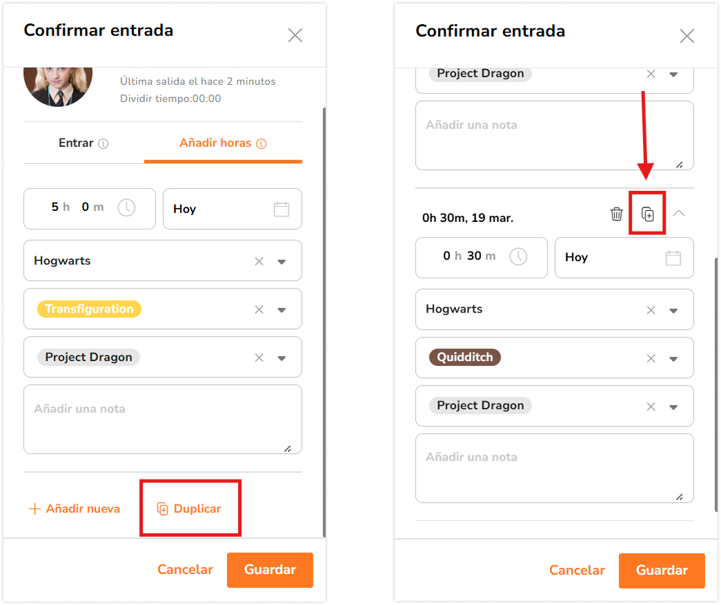 Duplicate button for the hour entry