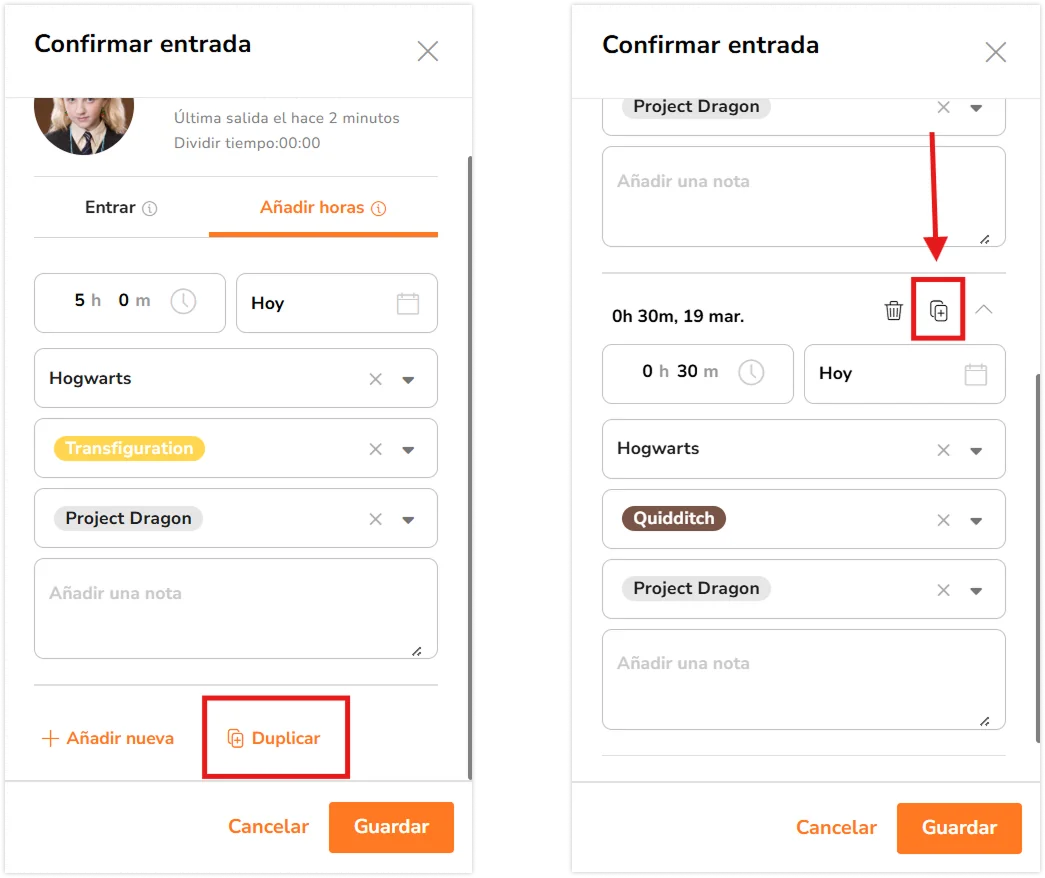 Duplicate button for the hour entry