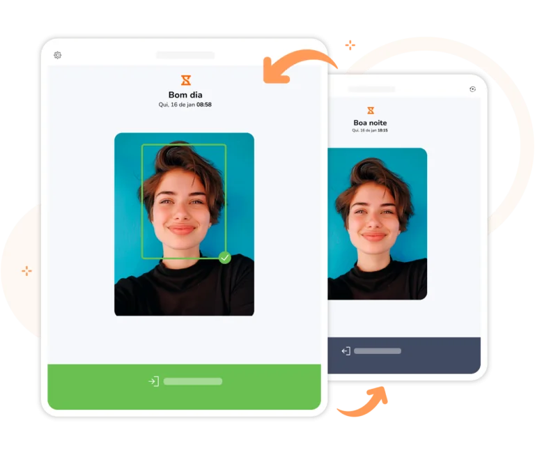 Reconhecimento facial instantâneo com o modo rápido no quiosque online para registro de ponto, com o relógio de ponto biométrico do Jibble