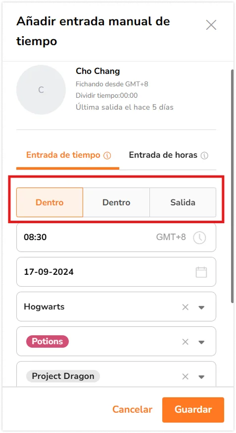 Sidebar where you can choose to input in, break or out entry