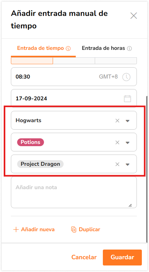 Inputting details like location, activity and project in the sidebar