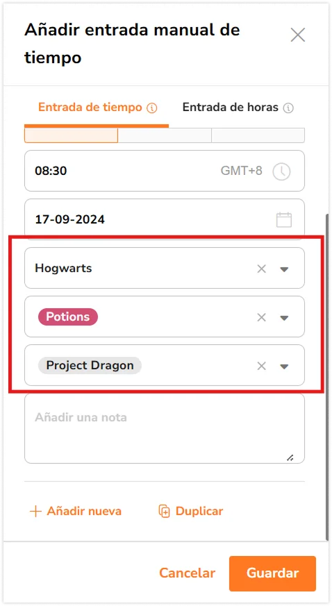 Inputting details like location, activity and project in the sidebar