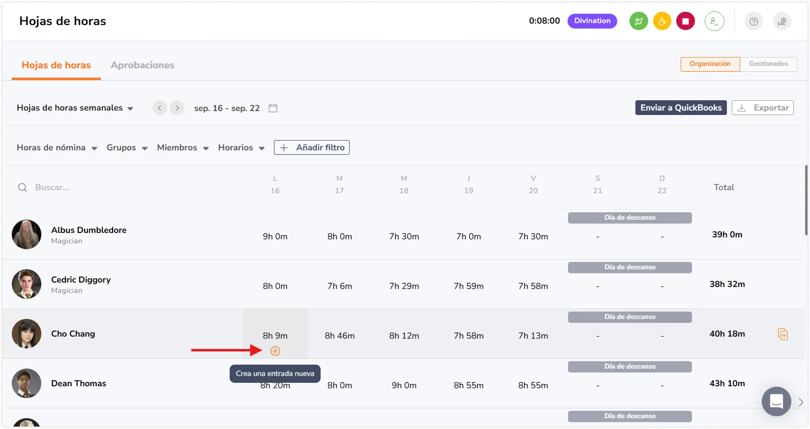 + icon on the timesheets page
