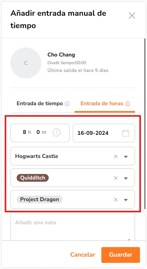 Adding hours, location, activity and project for hour entry