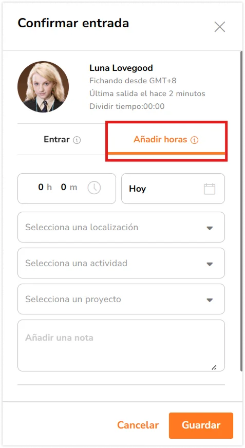 Adding hour entry in the sidebar