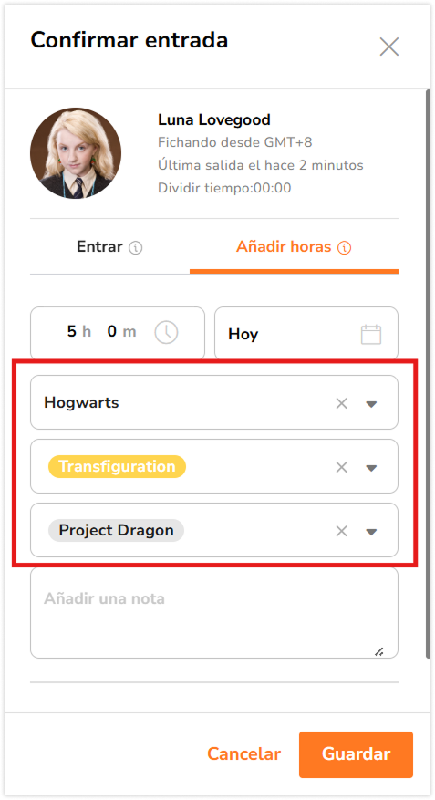 Details like location, activity and project for the hour entry