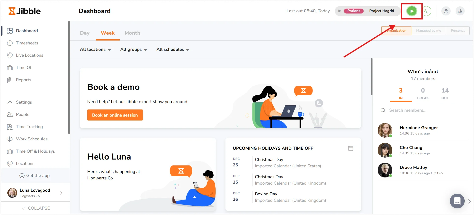 Botão de registrar entrada no topo da página