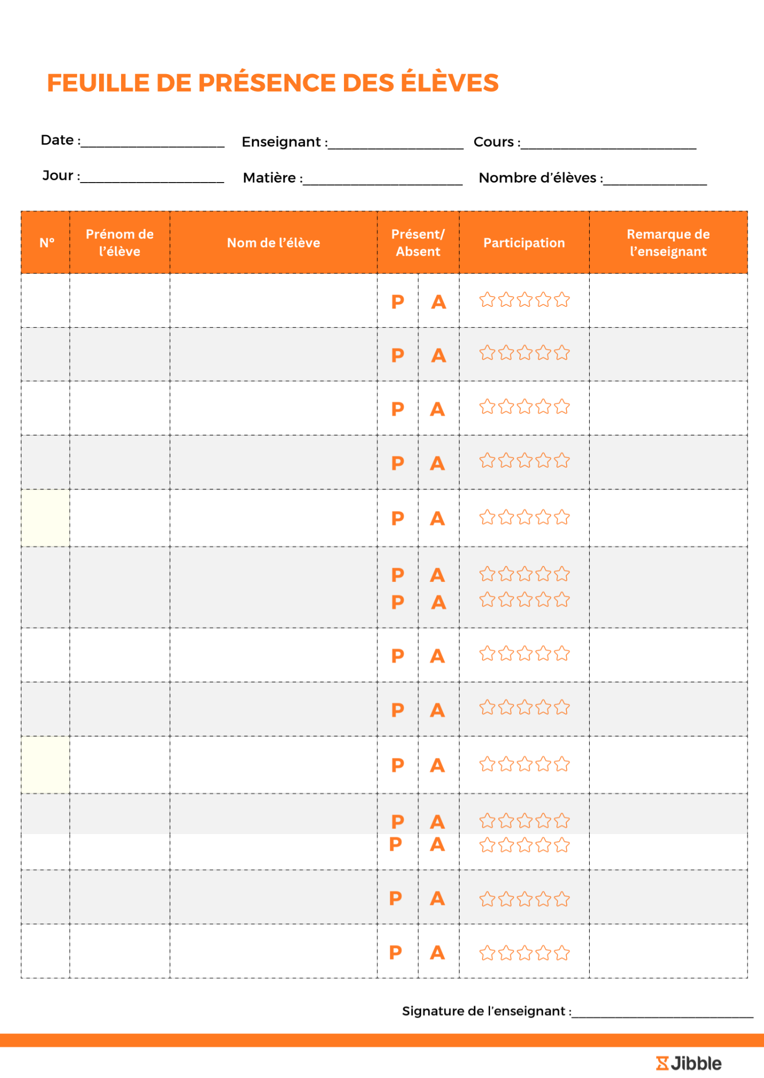Feuille de présence des élèves à télécharger gratuitement sur Jibble