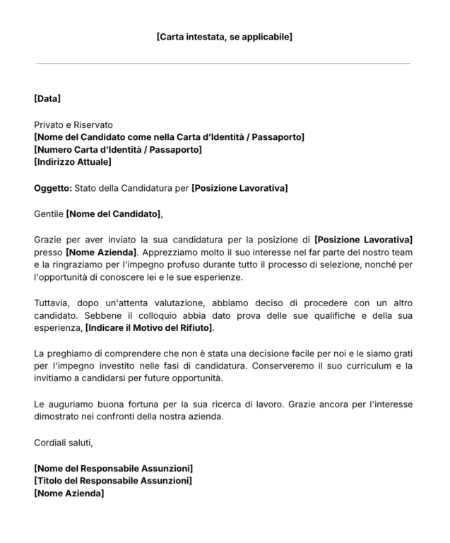 Modello per Lettera di Rifiuto a un Candidato di Jibble